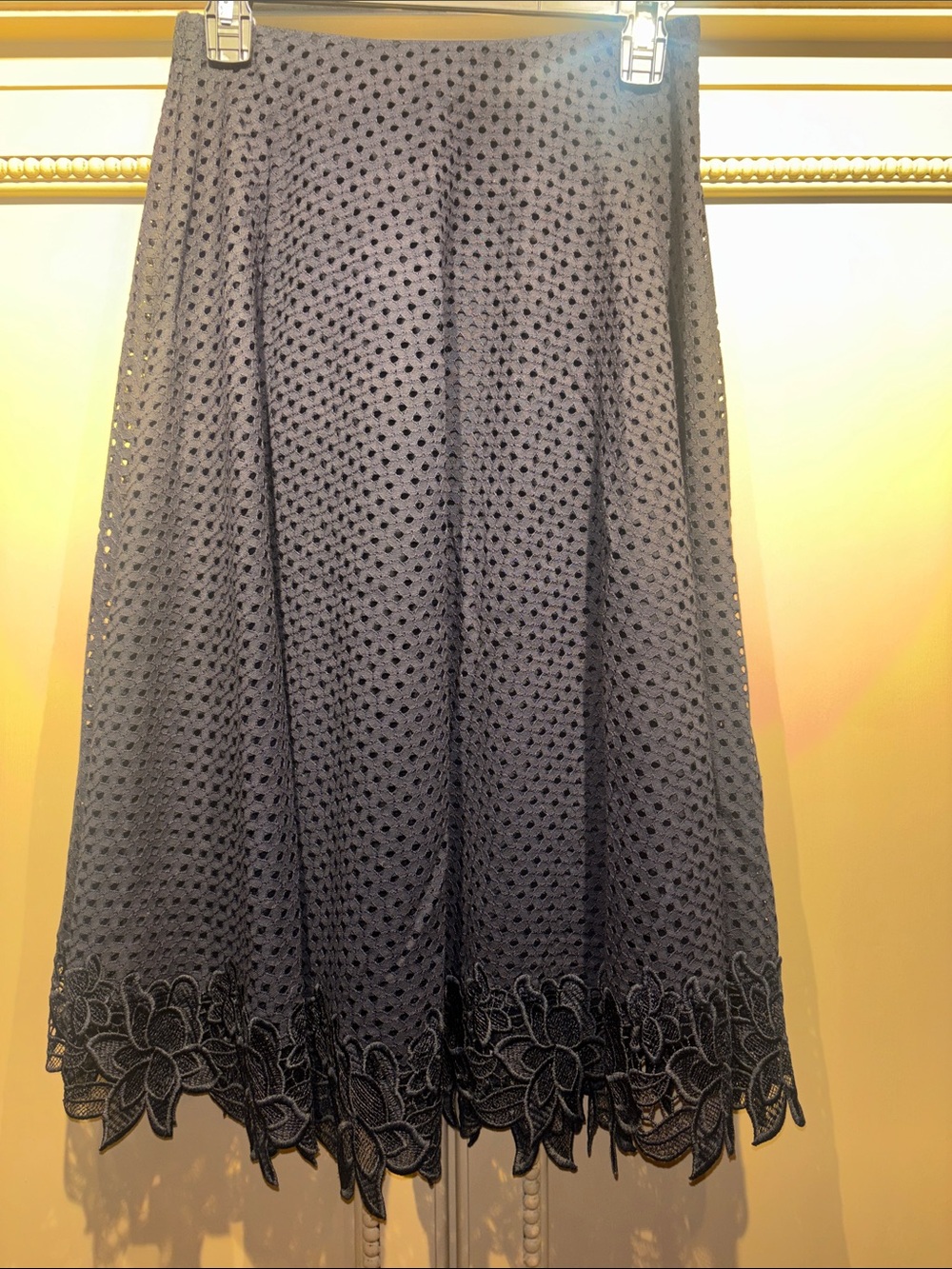 Ann Taylor Navy Eyelet A-Line Skirt with Floral Hem